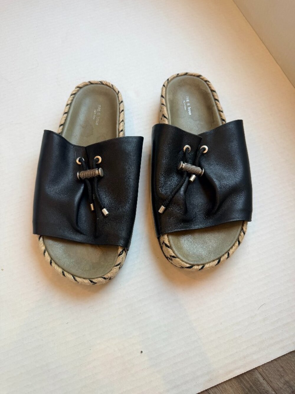 rag & bone Eva Espadrille Black Leather Slide Sandals Size 38